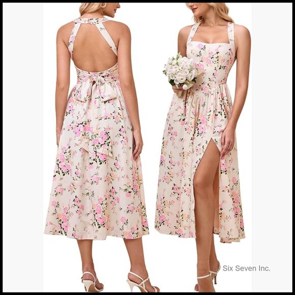 Dresses & Skirts - Floral Midi Dress Halter Neck Flowy A Line Split Lace Up Casual Sundress